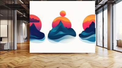 Three abstract mountains with red sun and blue water Wall mural