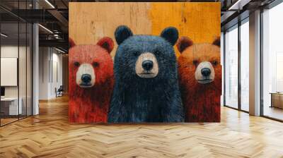 Three bears stand in a row, with a black bear in the middle and two red bears on either side. Wall mural