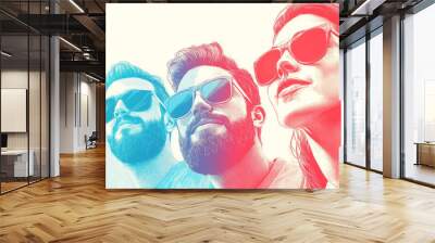 Three friends wearing sunglasses look up towards the sky. Wall mural