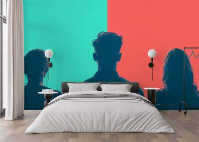 Three people sit in a row facing forward, with a blue and pink background. Wall mural