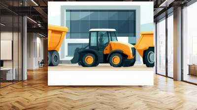 Three yellow construction vehicles lined up, ready for work. Wall mural