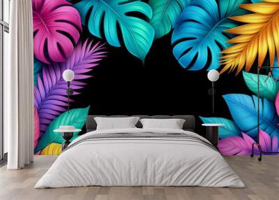 Tropical leaves in vibrant colors against a black background. Wall mural