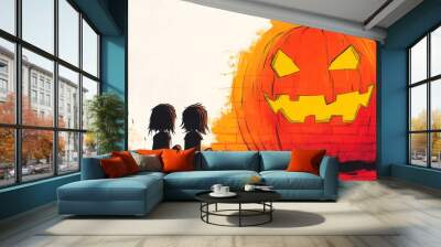 Two children watch a jack-o-lantern. Wall mural