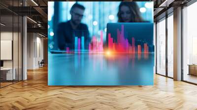 Two colleagues working on a laptop with financial charts overlayed, in a modern office setting. Wall mural