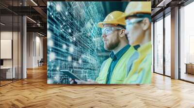 Two construction workers in hard hats examine a digital blueprint. Wall mural