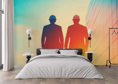 Two construction workers in hard hats stand in front of a building, silhouetted against the vibrant sunset. Wall mural