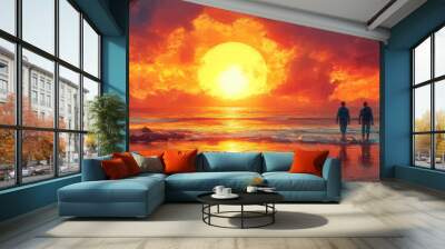 Two figures walk along a beach at sunset with a fiery sky. Wall mural