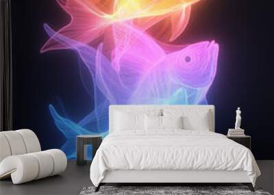 Two glowing fish, one orange and yellow and the other pink and blue, swim against a black background. Wall mural