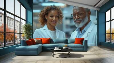 Two healthcare professionals, a woman and a man, smile confidently while looking at a tablet. Wall mural