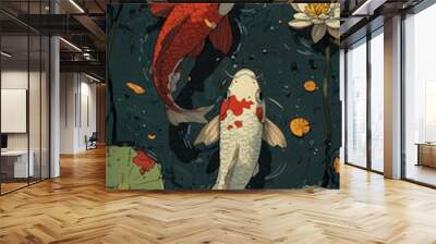 Two koi fish swim in a pond with lily pads. Wall mural