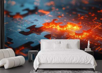 Two puzzle pieces connect on a circuit board, glowing with red and blue lights. Wall mural