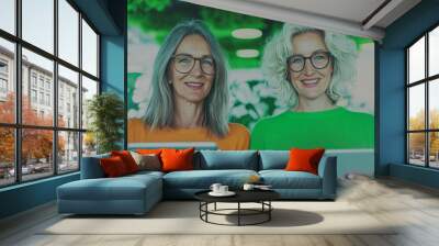 Two smiling women in an office setting. Wall mural