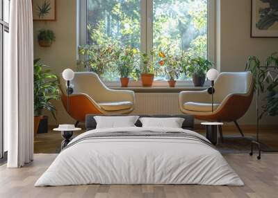 Two white armchairs sit facing each other in a sunlit room. Wall mural