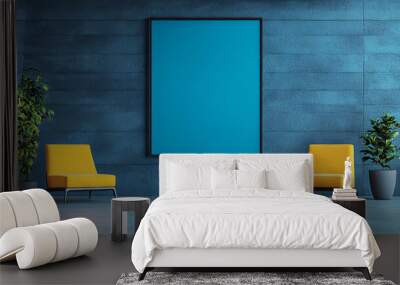 Two yellow chairs and plants in a blue room with a large frame on the wall. Wall mural