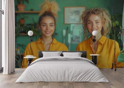 Two young women in yellow shirts smiling while holding tablets. Wall mural