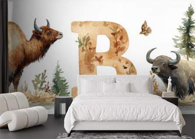 Watercolor illustration of the letter B with animals, a bison, a whale, and a camel Wall mural