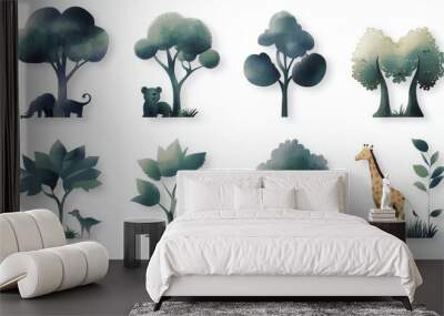 Watercolor jungle animals and trees Wall mural