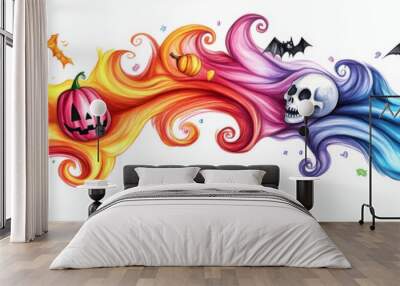 Whimsical Halloween illustration with pumpkins, skulls, and bats. Wall mural