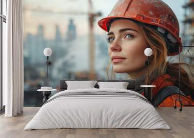 Young woman in a hard hat looks out at the cityscape. Wall mural