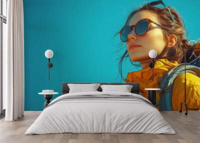 Young woman wearing sunglasses and a yellow jacket looks toward the horizon. Wall mural