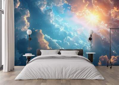 青空と太陽と雲の光輝く背景 Wall mural