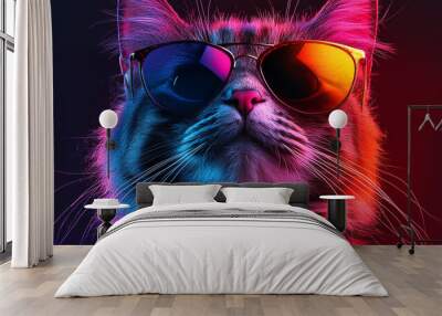 A cool cat with sunglasses, bathed in colorful neon lights. Wall mural