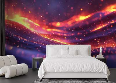 A digital blue abstract landscape with glowing particles over a dark background, illustrating a technology concept.  Wall mural