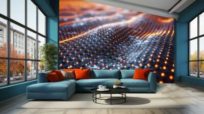 Abstract blue glowing particle waves on a dark blue background, illustrating futuristic technology.  Wall mural