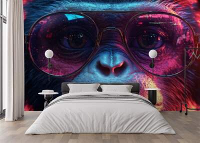 Close-up of a monkey's face wearing sunglasses and headphones in neon light. Wall mural