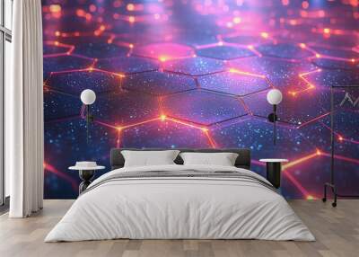 Hexagonal geometric shapes glowing on a dark blue background, reflecting a technology concept Wall mural