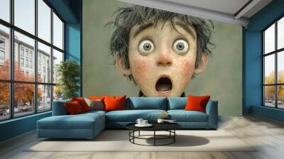 Shocked scared amazed cartoon character adult man male guy person portrait in 3d style design on light background. Human people feelings expression concept Wall mural