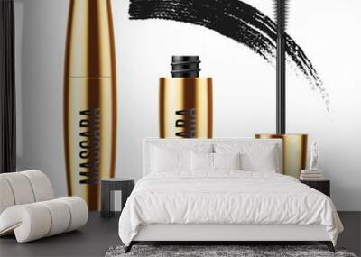 Realistic vector golden Mascara Bottle, brush and mascara Brush Strokes. Black wand, strokes and tube Isolated on white background. Fashionable cosmetics Makeup for Eyes. Wall mural