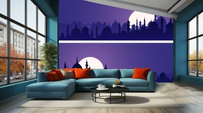 Horizontal banners of eastern city with minarets and domes at night. Wall mural