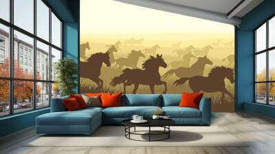 Horizontal illustration herd of horses. Wall mural