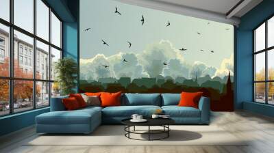 Horizontal illustration of big European city on background cloud Wall mural