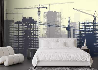 illustration of construction site with cranes and building. Wall mural