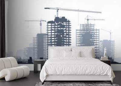 line illustration of construction site with crane and building. Wall mural