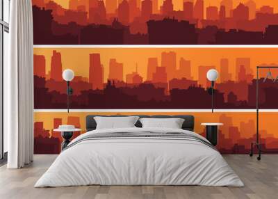 Set of banners with big city at sunset. Wall mural