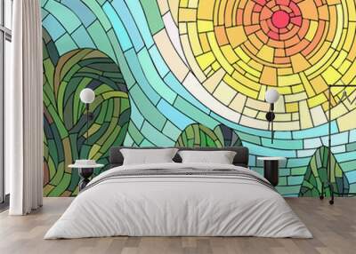 Square mosaic abstract red sun with trees. Wall mural