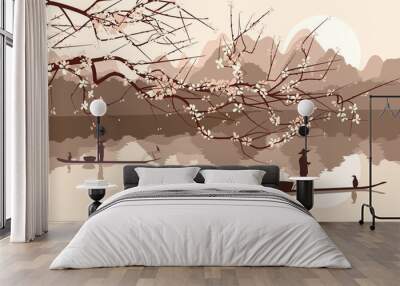 vector illustration of branch of blossoming tree with fishing bo Wall mural