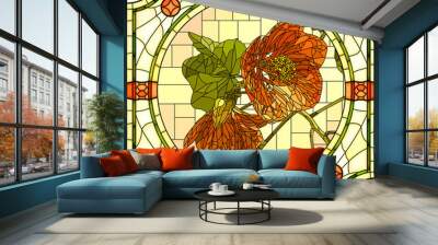 Vector mosaic with blooming two orange abutilon flowers in a round decorative stained glass frame. Wall mural