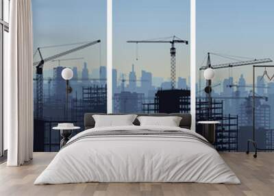 vertical banner of construction site with cranes and building. Wall mural