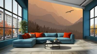 Vertical illustration of foggy sunset forest hills. Wall mural