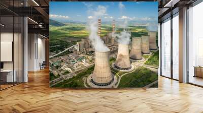 Aerial view the plant producing electrical energy with large pipes at Kozani in northern Greece. Wall mural