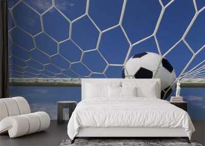 Soccer football in Goal net with sky field. Wall mural