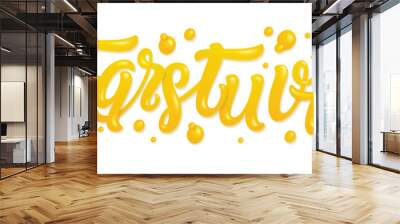 Fruit alphabet made of fresh natural orange juices isolated on white background. 3d glossy font with liquid letters for logo. Tropical juice font. Vector illustration made of orange juices. Wall mural