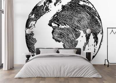 Globe sketch. Hand drawn earth planet with continents and oceans. Doodle world map illustration. Planet and world sketch map with ocean and land. Wall mural