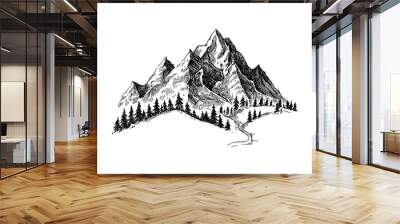 Mountain with pine trees and landscape black on white background. Hand drawn rocky peaks in sketch style.  Wall mural