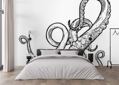 Tentacles of octopus, hand drawn collection of illustrations. Black and white engraving style drawings. Tentacle straight and with rings in different angles. Wall mural