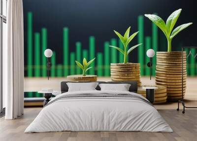 A seedling is growing on a coin lying on the ground. Green investment concept, increasing money to invest. Digital financial growth concept with green curve chart stock market yield on the background Wall mural